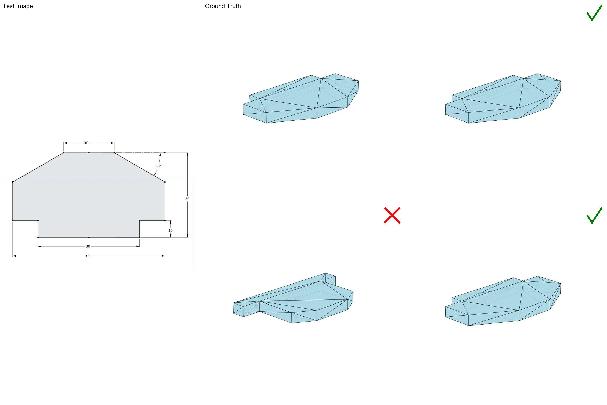 An example autograder collage: the test drawing alongside the three rendered trial outputs.