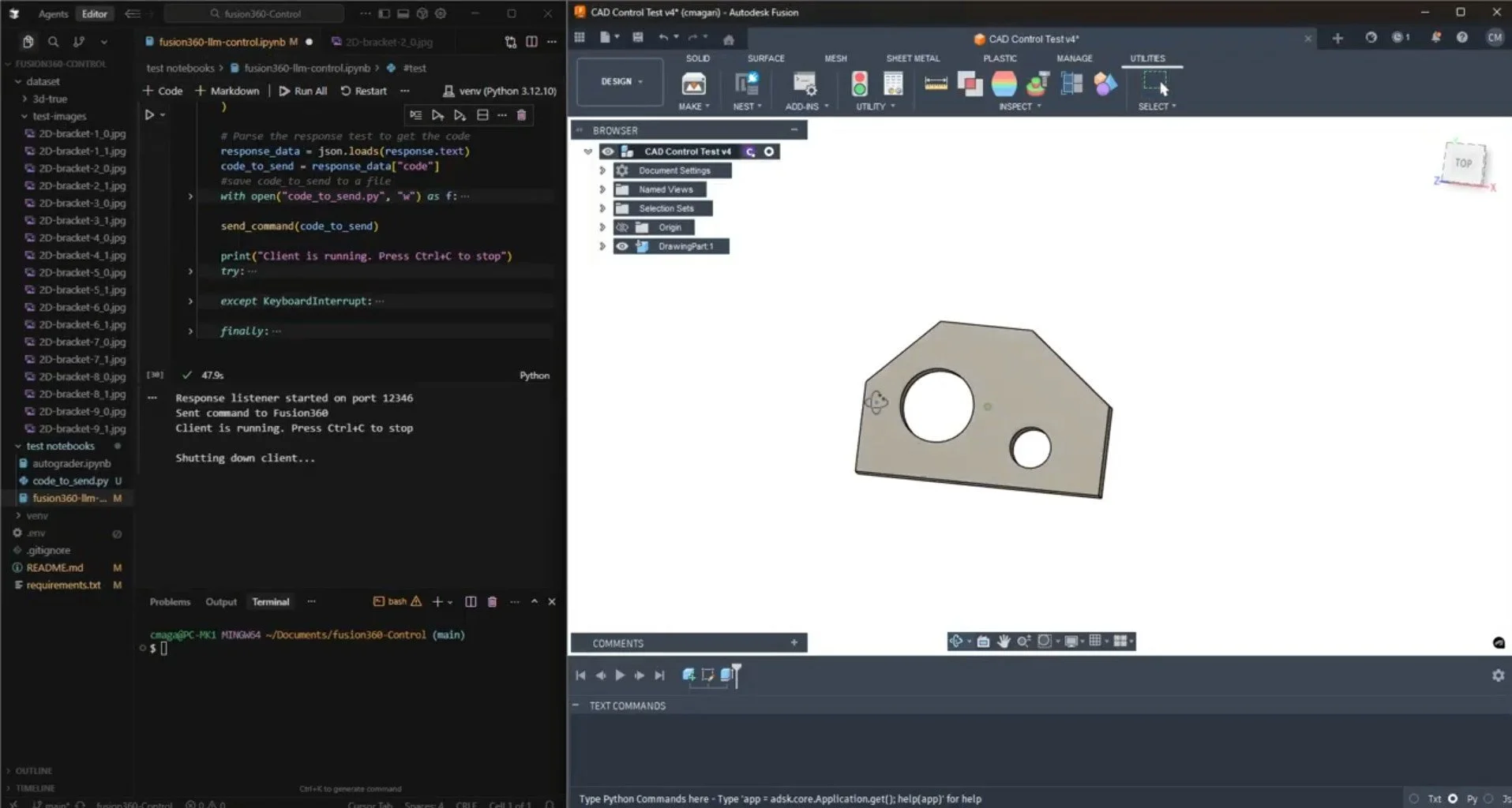The add-in streaming generated Python API calls into Fusion 360.