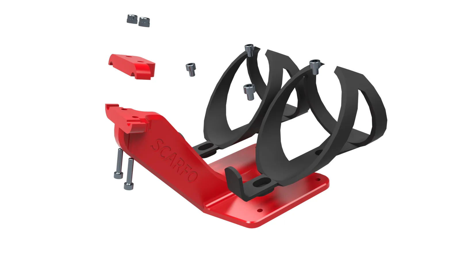Figure 2. Exploded view: the printed body and rail cap, the clamp hardware, and two off-the-shelf cages.