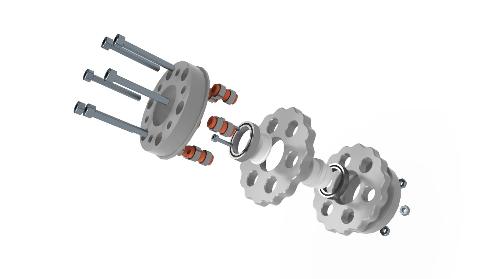The motion assembly: eccentric input shaft, two cycloidal disks offset 180°, and the upper/lower carriers.