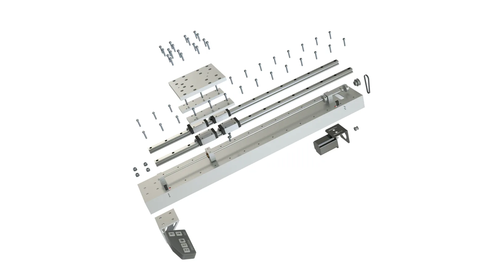 Exploded view of the assembly — the lead screw, linear rails, and machined carriage and mounts.